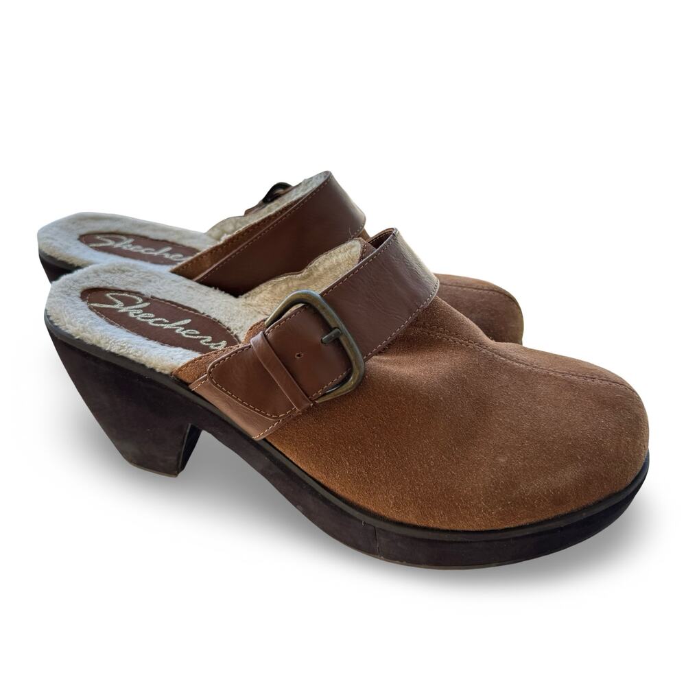 Skechers Suede Clog Mules Women’s 10 Chestnut Brown Lined Buckle Heel Y2K